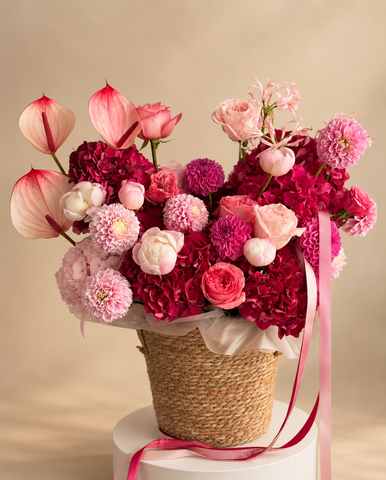 Pink Anthuriums, Hydrangeas, Roses and Dahlias