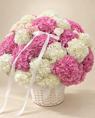 Pink & Ivory Hydrangeas in a Basket