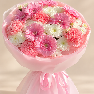 Pink Gerberas, Carnations and White Chrysanthemums — Pink Glow