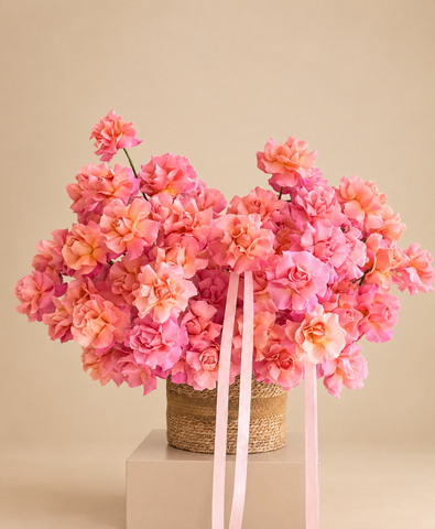Pink Hydrangeas & Roses in a Woven Basket