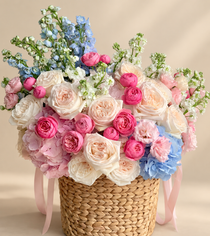 Pink and Ivory Roses with Blue and Pink Hydrangeas