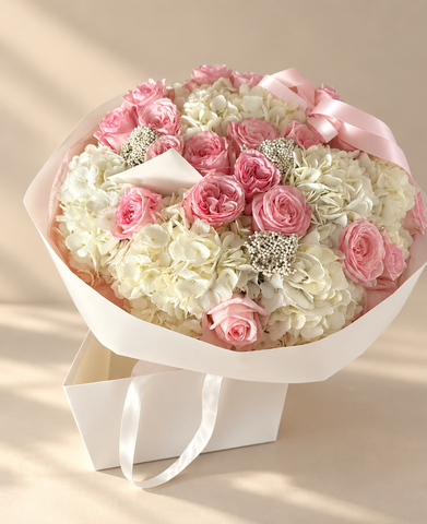 Blush Roses & Ivory Hydrangeas Bouquet