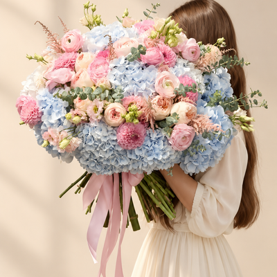 Pink Roses, Blue Hydrangeas and Dahlias