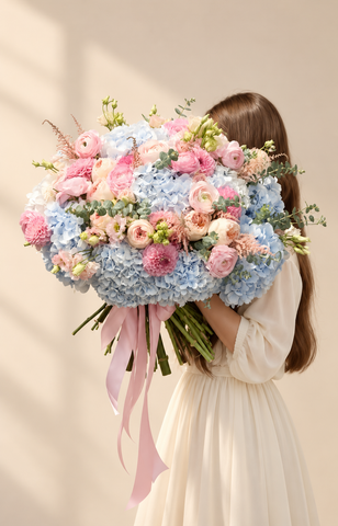 Pink Roses, Blue Hydrangeas and Dahlias