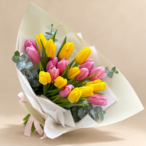Pink and Yellow Tulip Bouquet with Eucalyptus