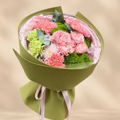 Pink Roses, Carnations and Chrysanthemums with Green Hydrangeas