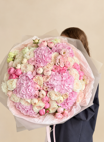Pink Hydrangeas, Ivory Roses and Lisianthus