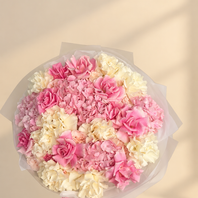 Pink and Ivory Roses with Hydrangeas
