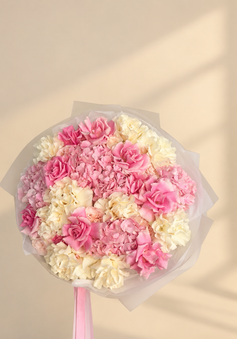 Pink and Ivory Roses with Hydrangeas