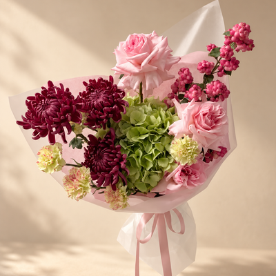 Pink Roses, Green Hydrangea, Burgundy Chrysanthemums and Carnations