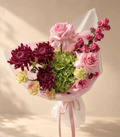 Pink Roses, Green Hydrangea, Burgundy Chrysanthemums and Carnations