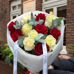12 Red & White Roses with Eucalyptus Bouquet