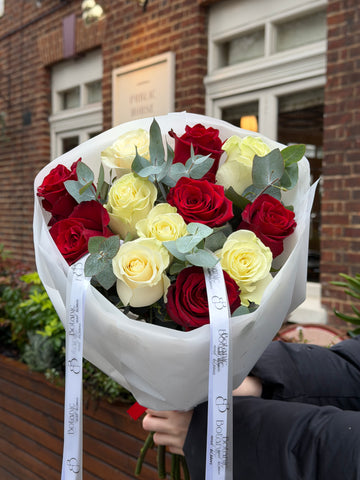 12 Red & White Roses with Eucalyptus Bouquet