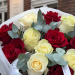 12 Red & White Roses with Eucalyptus Bouquet