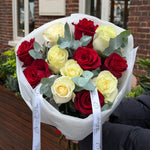 12 Red & White Roses with Eucalyptus Bouquet