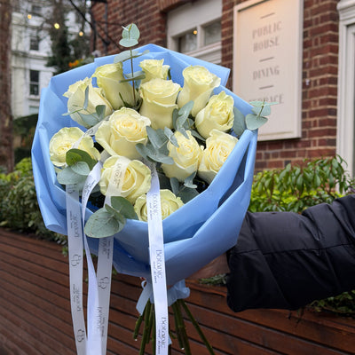 12 White Roses & Eucalyptus Bouquet