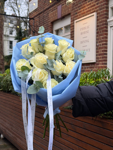 12 White Roses & Eucalyptus Bouquet