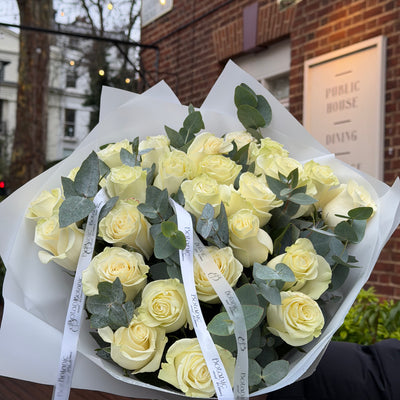 25 White Roses & Eucalyptus Bouquet