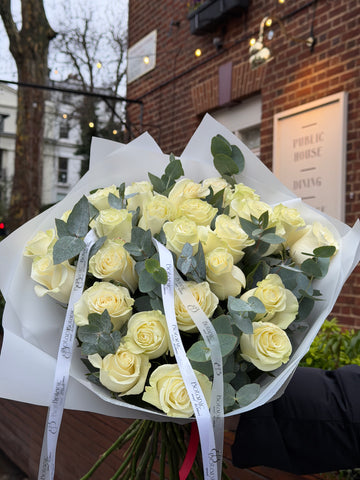 25 White Roses & Eucalyptus Bouquet
