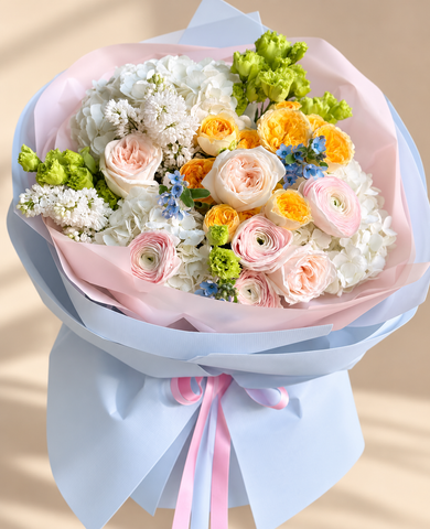 Rose, Ranunculus, Hydrangea and Chrysanthemum Bouquet — Pastel Dawn