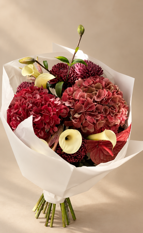 Burgundy Hydrangeas, Dahlias, Calla Lilies and Anthuriums