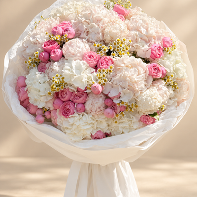 Pink Roses, White Hydrangeas and Peonies
