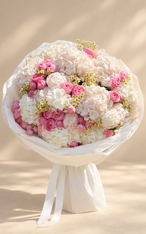 Pink Roses, White Hydrangeas and Peonies