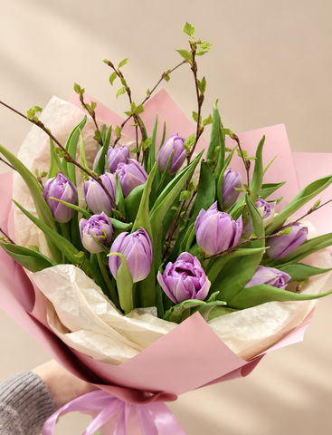 Purple Tulips with Fresh Greenery